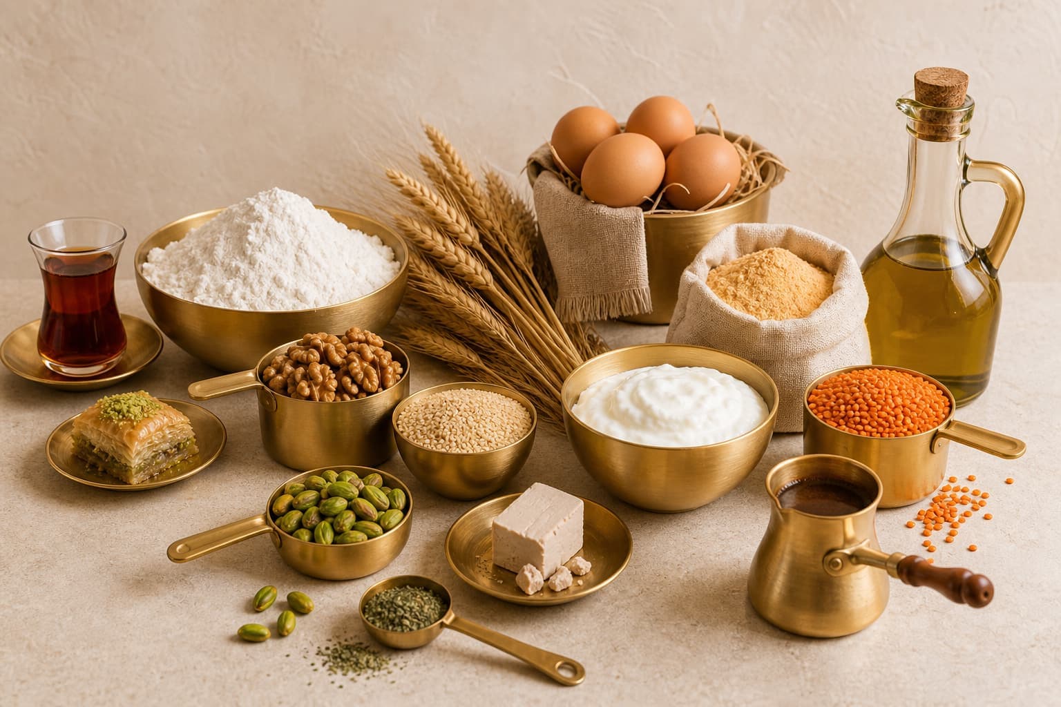 Bakery ingredients arranged in gold bowls — flour, wheat, nuts, yogurt, and Turkish tea