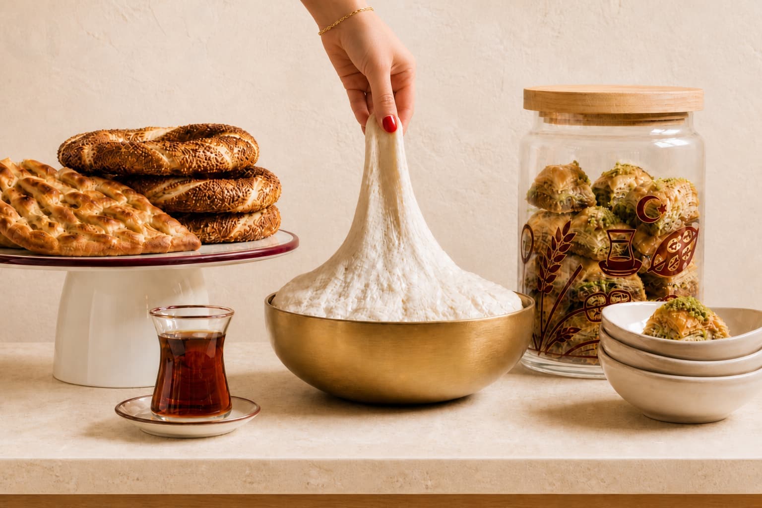 Hands stretching fresh dough on a wooden board